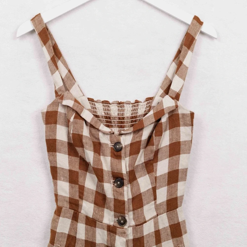 REFORMATION Havana Gingham Linen Button Front Romper Cottagecore Brown Sz 2